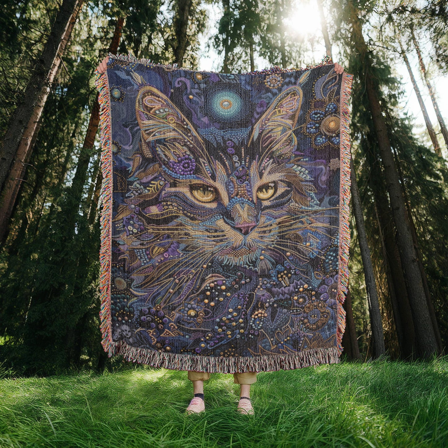 Celestial Cat Blanket – Mystical Beaded Design in Deep Indigo & Gold | Boho Spirit Animal Throw