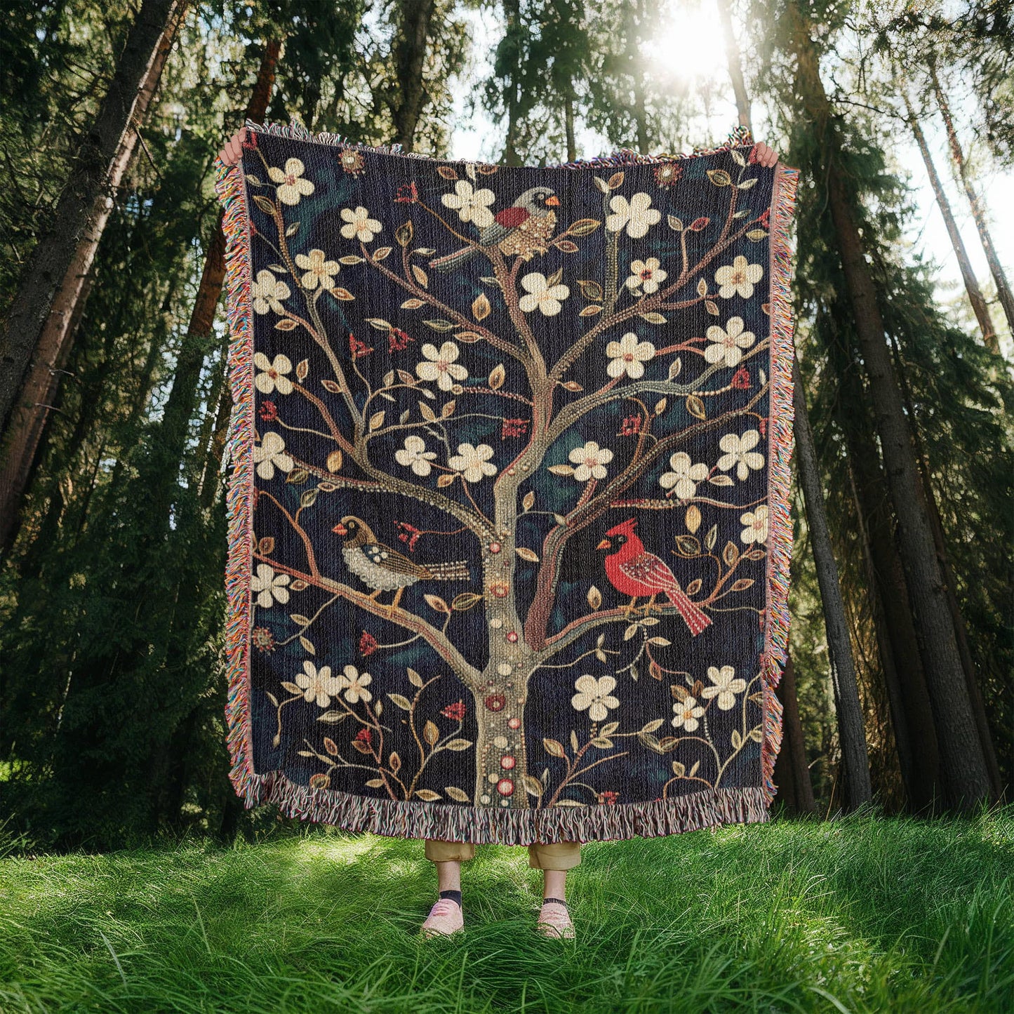 Blossom & Birds | Botanical Cardinal Woven Blanket for Cozy Boho Spaces