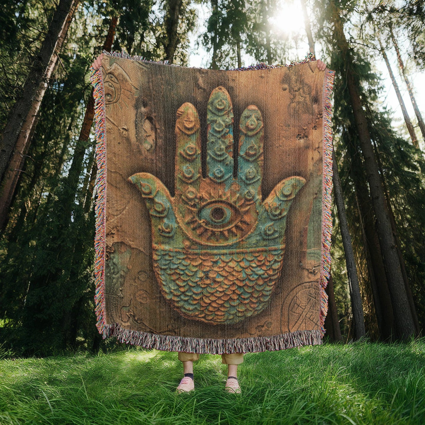 Embossed Hamsa Blanket – Boho Spiritual Woven Throw | Protective Symbol Decor by Lace & Grit