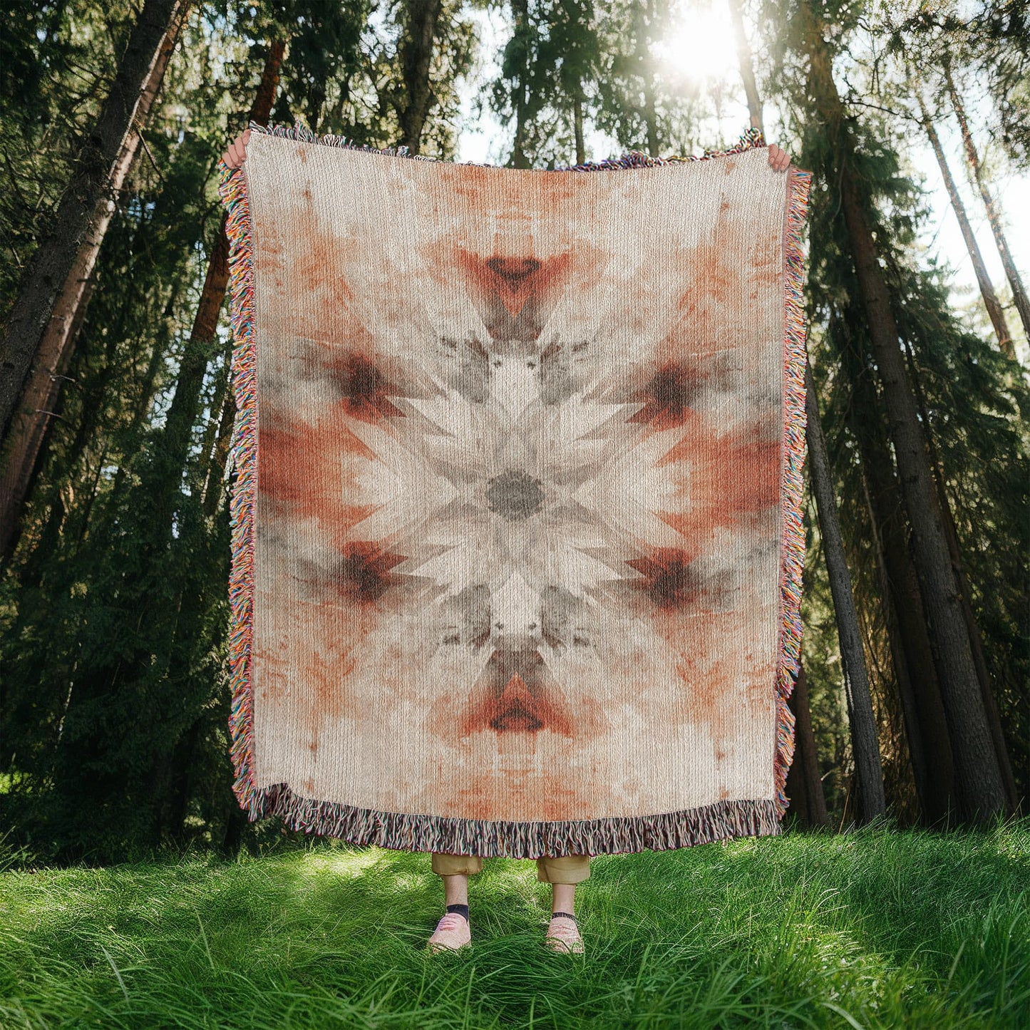Red Earth Ritual Woven Blanket – Mystical Boho Sunburst Throw