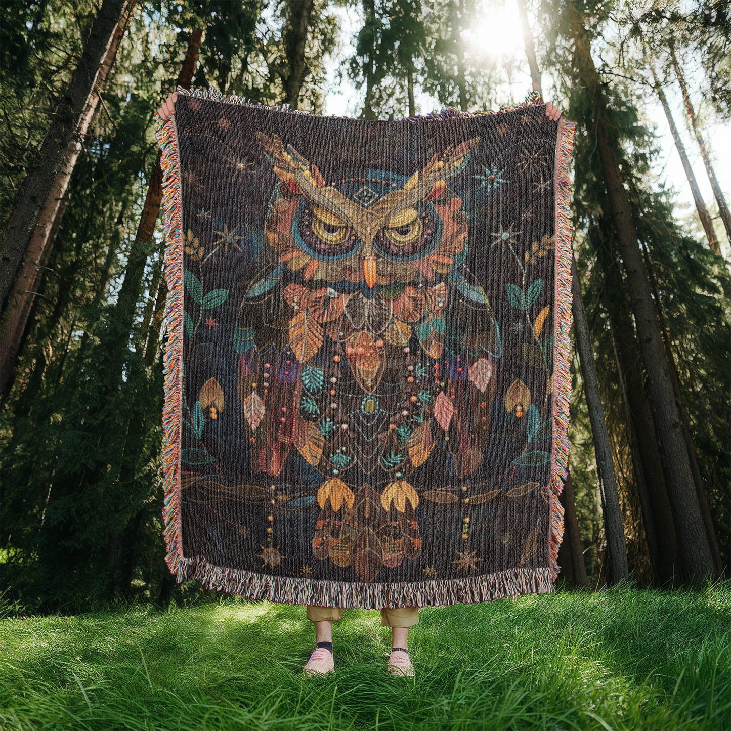 Boho Owl Woven Blanket – Beaded Look Design with Celestial Forest Accents