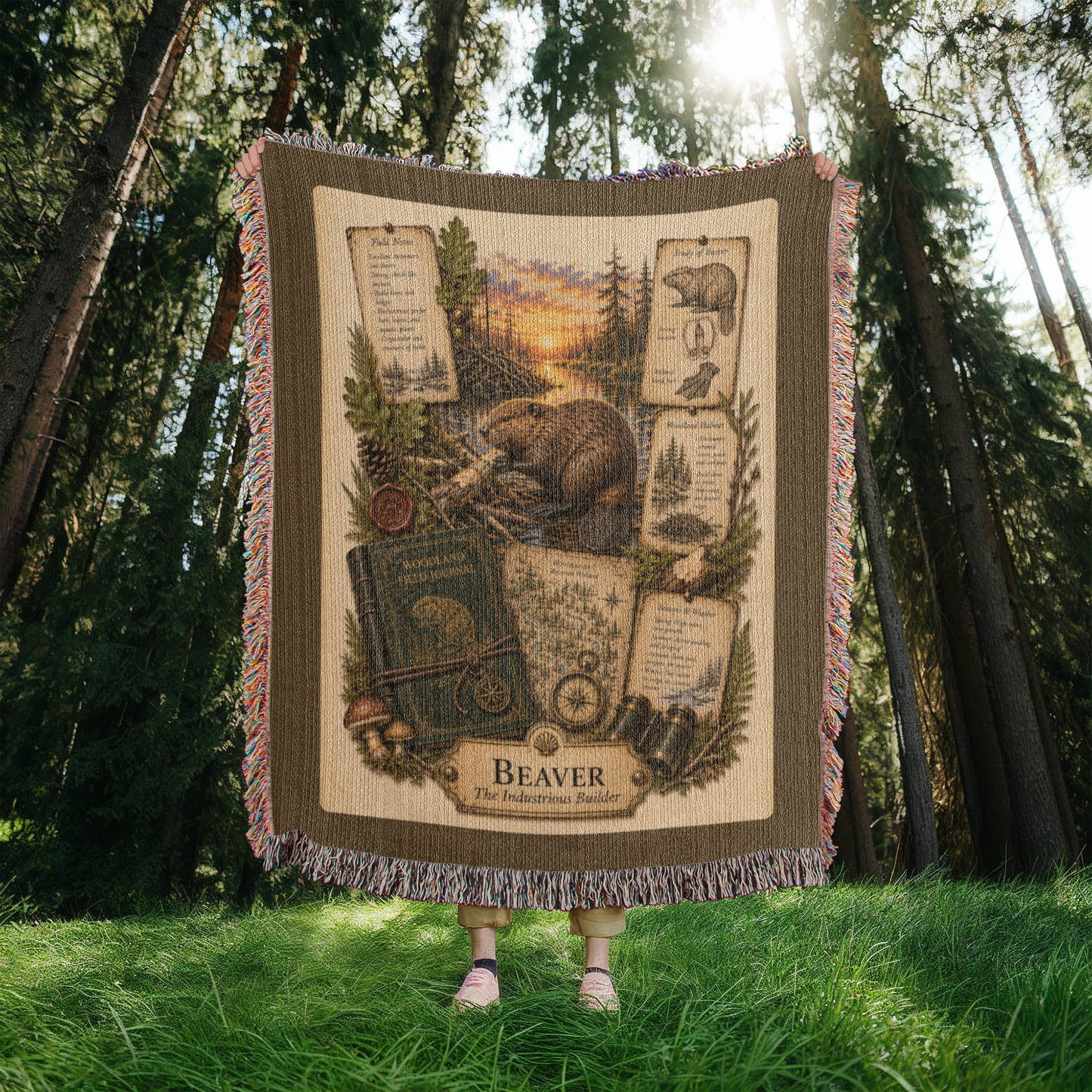 Beaver Woven Throw Blanket | Woodland Animal Decor | Cotton Tapestry Throw | Naturalist Journal Gift