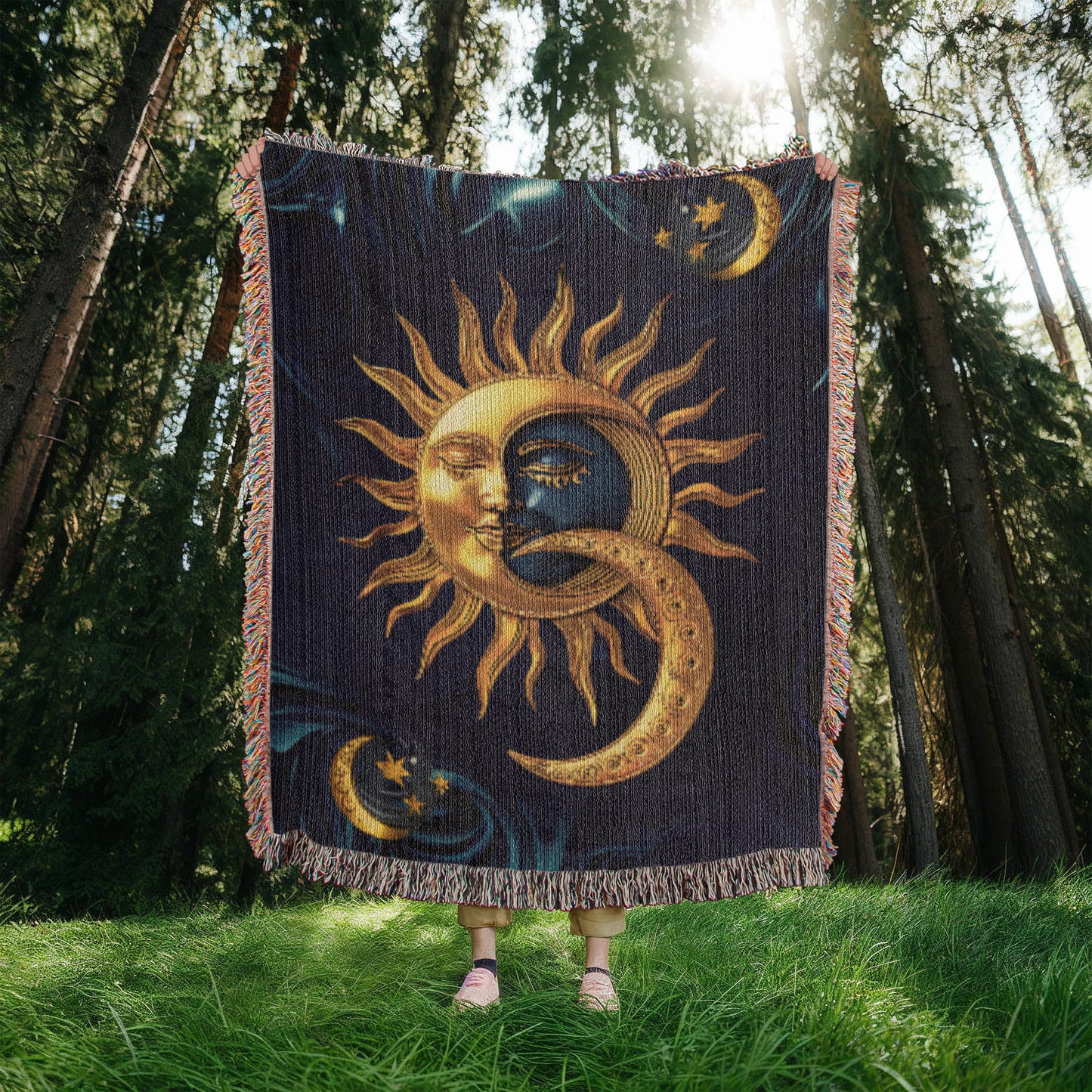 Embossed Sun & Moon Blanket – Celestial Woven Throw | Cosmic Boho Decor by Lace & Grit