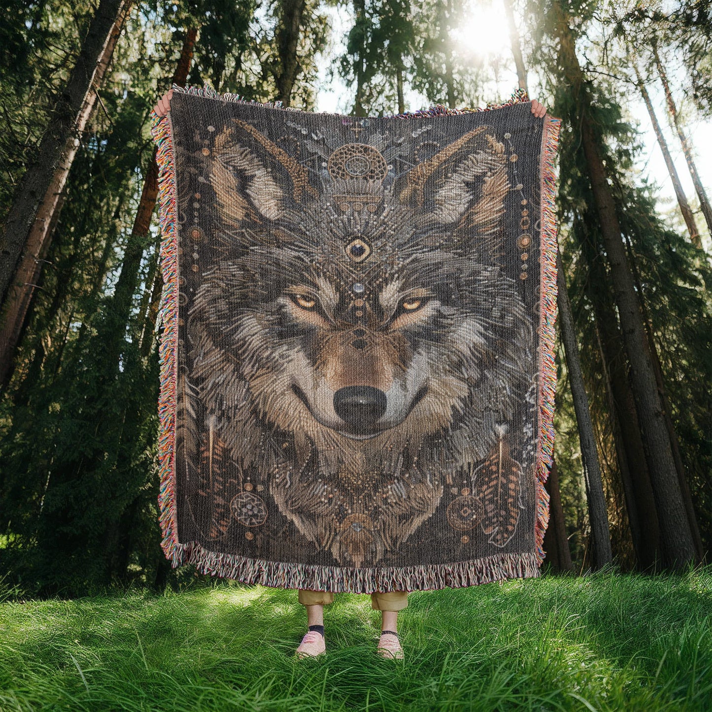 Boho Tribal Wolf Woven Blanket – Tribal Head Design in Earthy Tones | Mystical Boho Lodge Decor