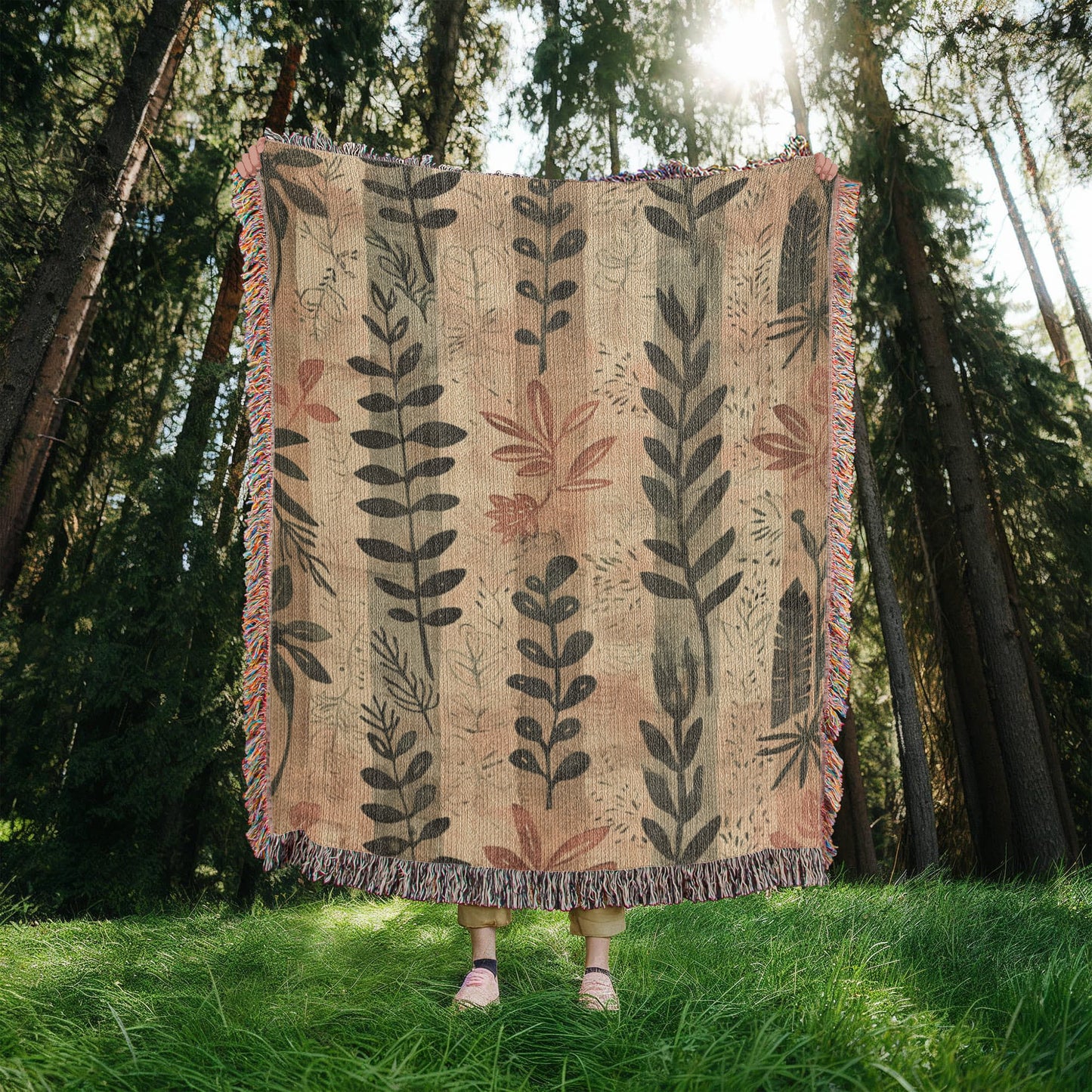 Whispering Leaves Woven Blanket – Boho Botanical Nature Throw