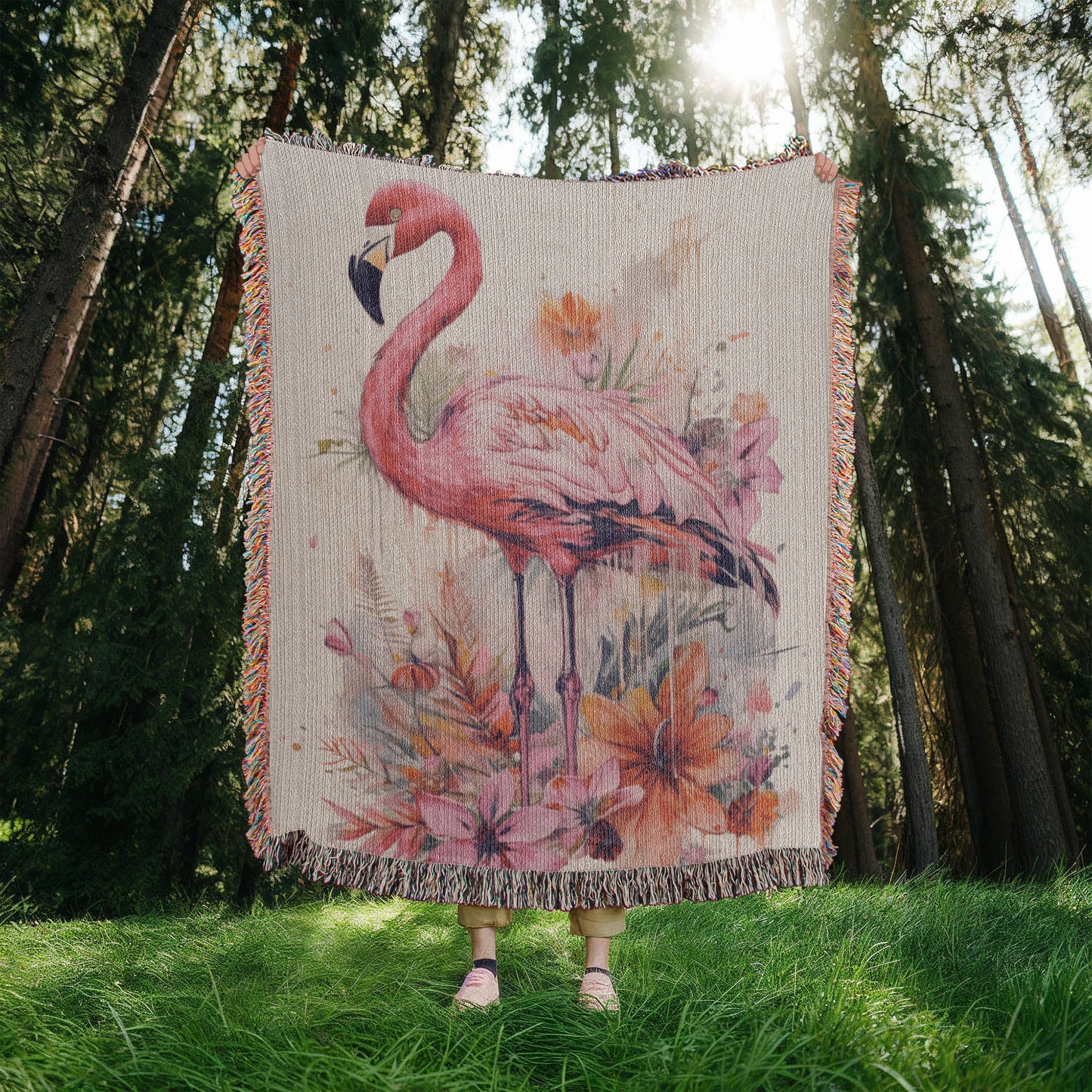 Sunwade Woven Blanket – Watercolor Flamingo in Blush Tones