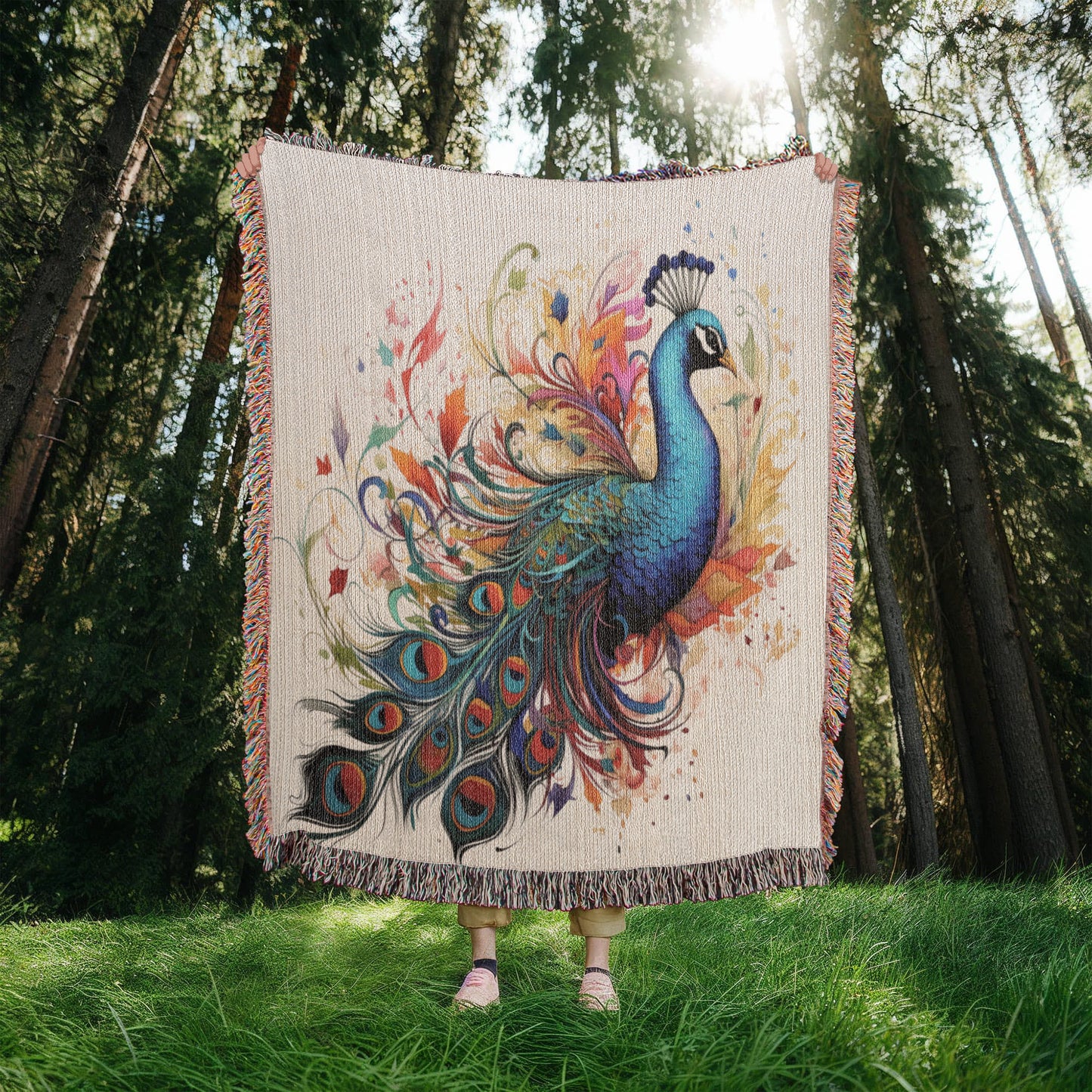 Plumefire Woven Blanket – Watercolor Peacock in Full Display