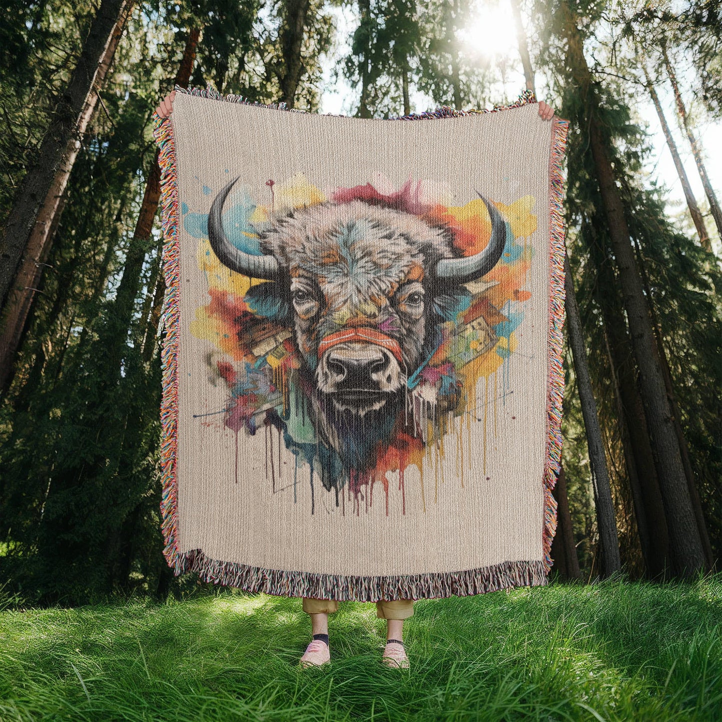 Headstrong Woven Blanket – Watercolor Bull Portrait