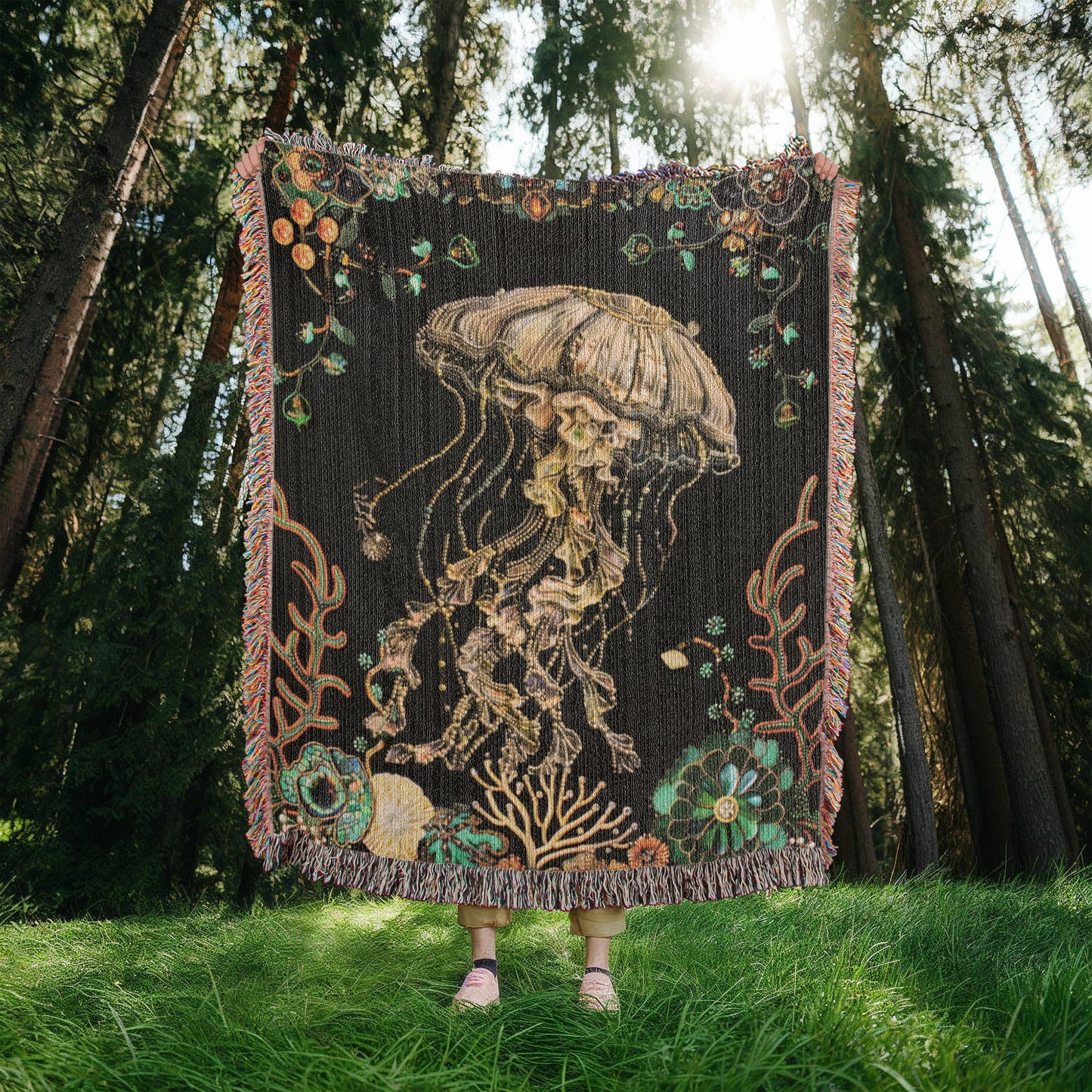 Beaded Look Jellyfish Blanket – Ocean-Inspired Woven Throw | Undersea Boho Decor by Lace & Grit