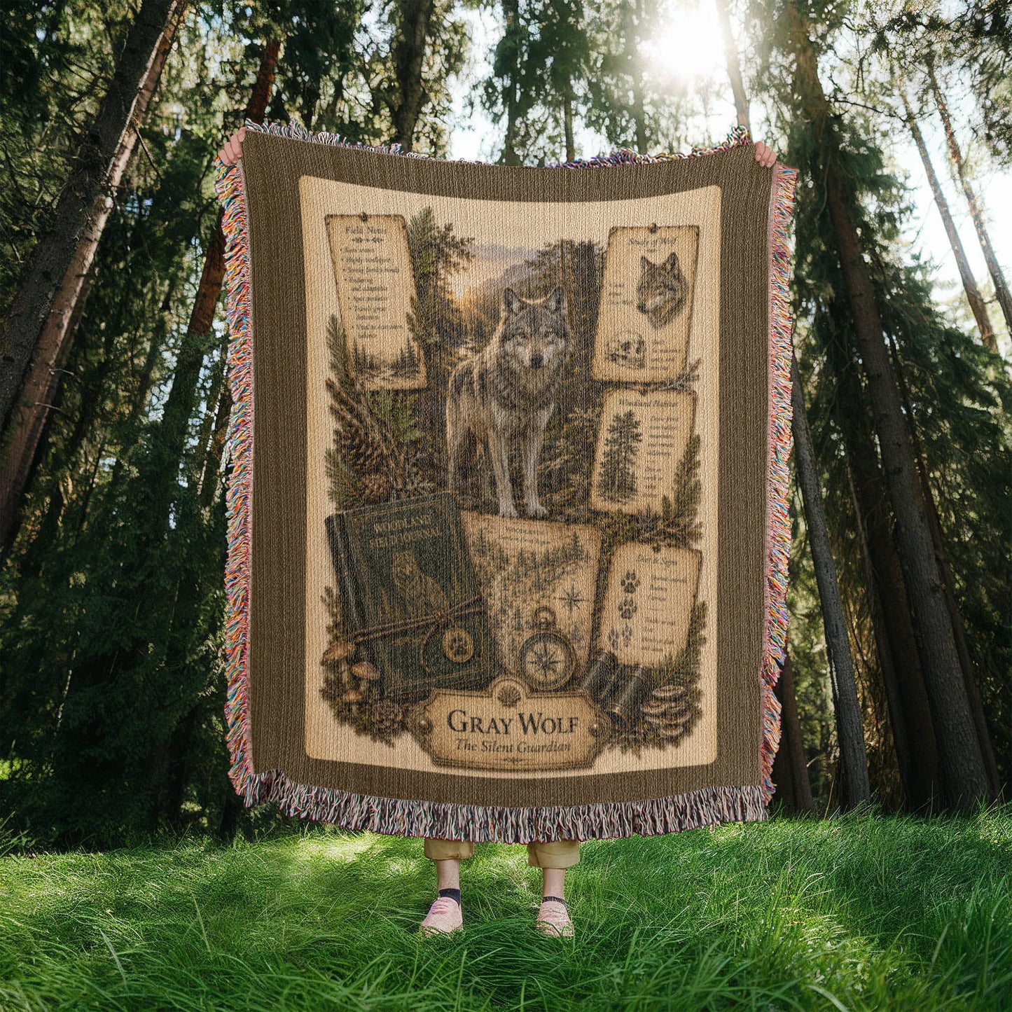 Gray Wolf Woven Throw Blanket | Woodland Animal Decor | Cotton Tapestry Throw | Naturalist Journal Gift