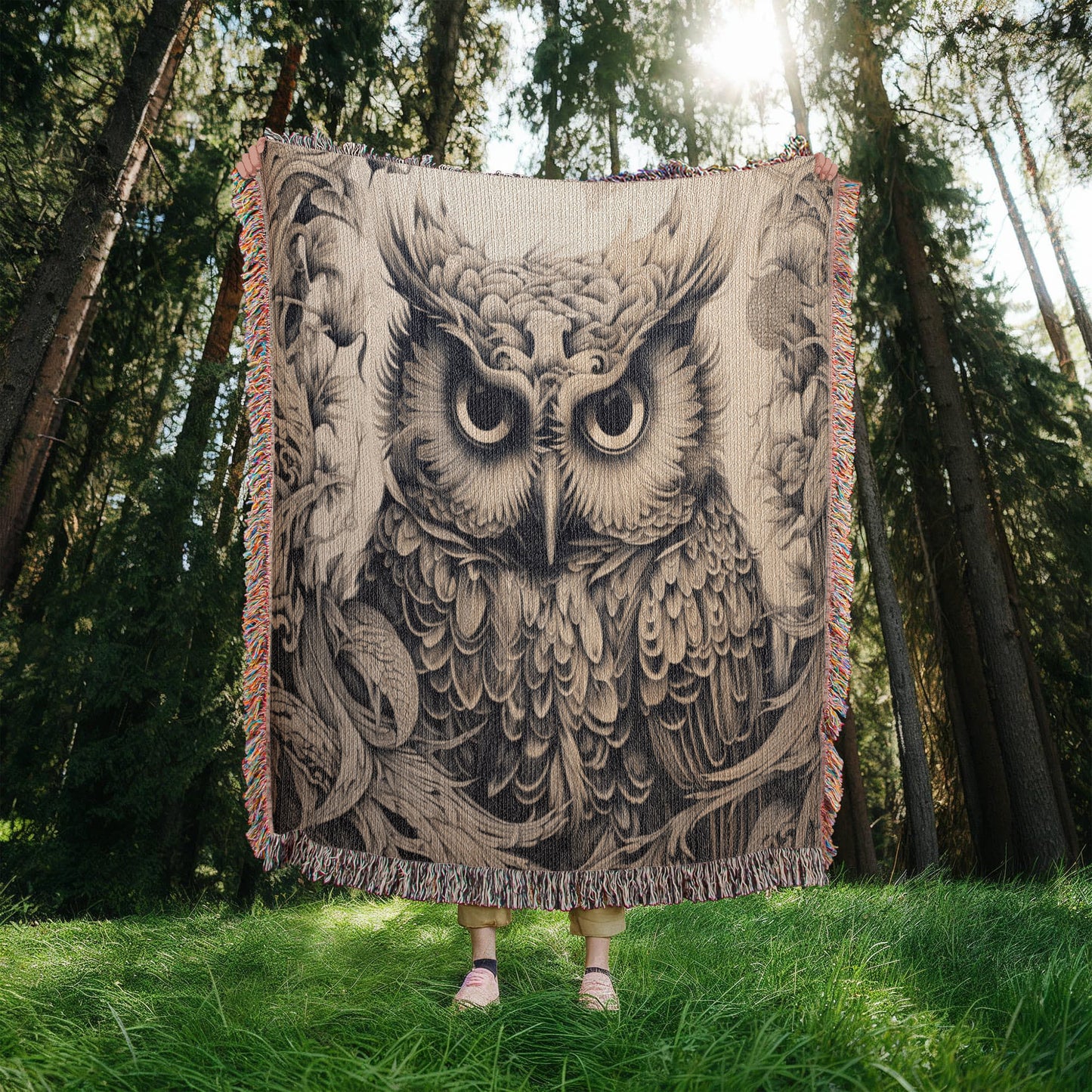 Mystical Owl Woven Blanket – Boho Wildlife Tapestry Throw | Intricate Nature-Inspired Decor