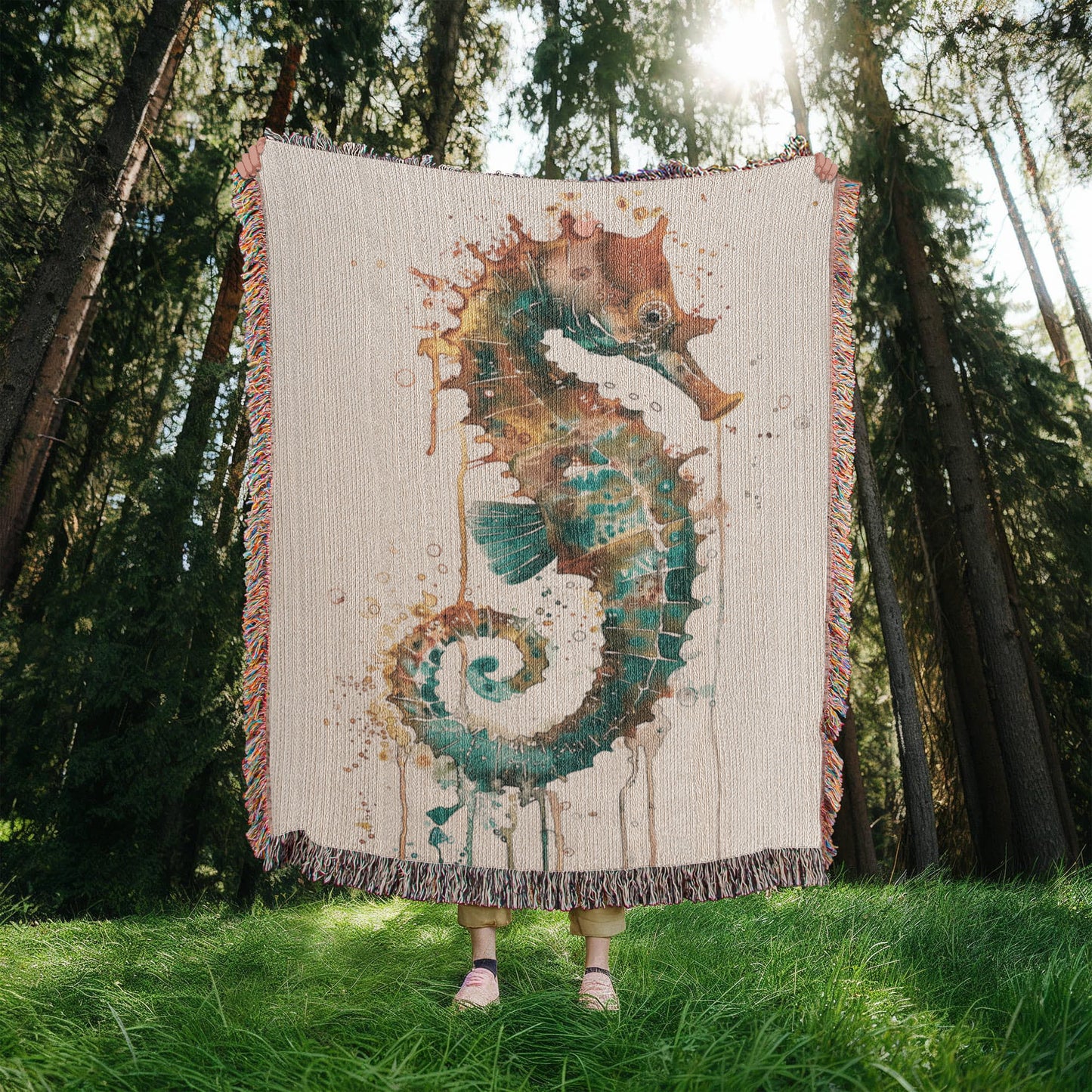 Cindertide Woven Blanket – Watercolor Seahorse with Drip Effect