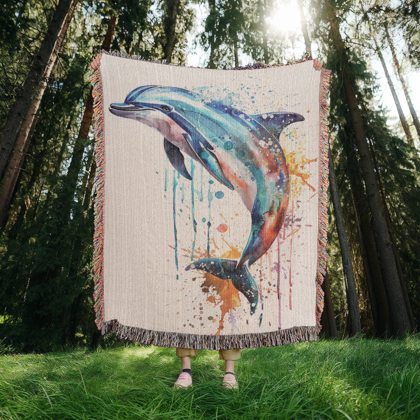 Tidewater Woven Blanket – Watercolor Dolphin in Motion