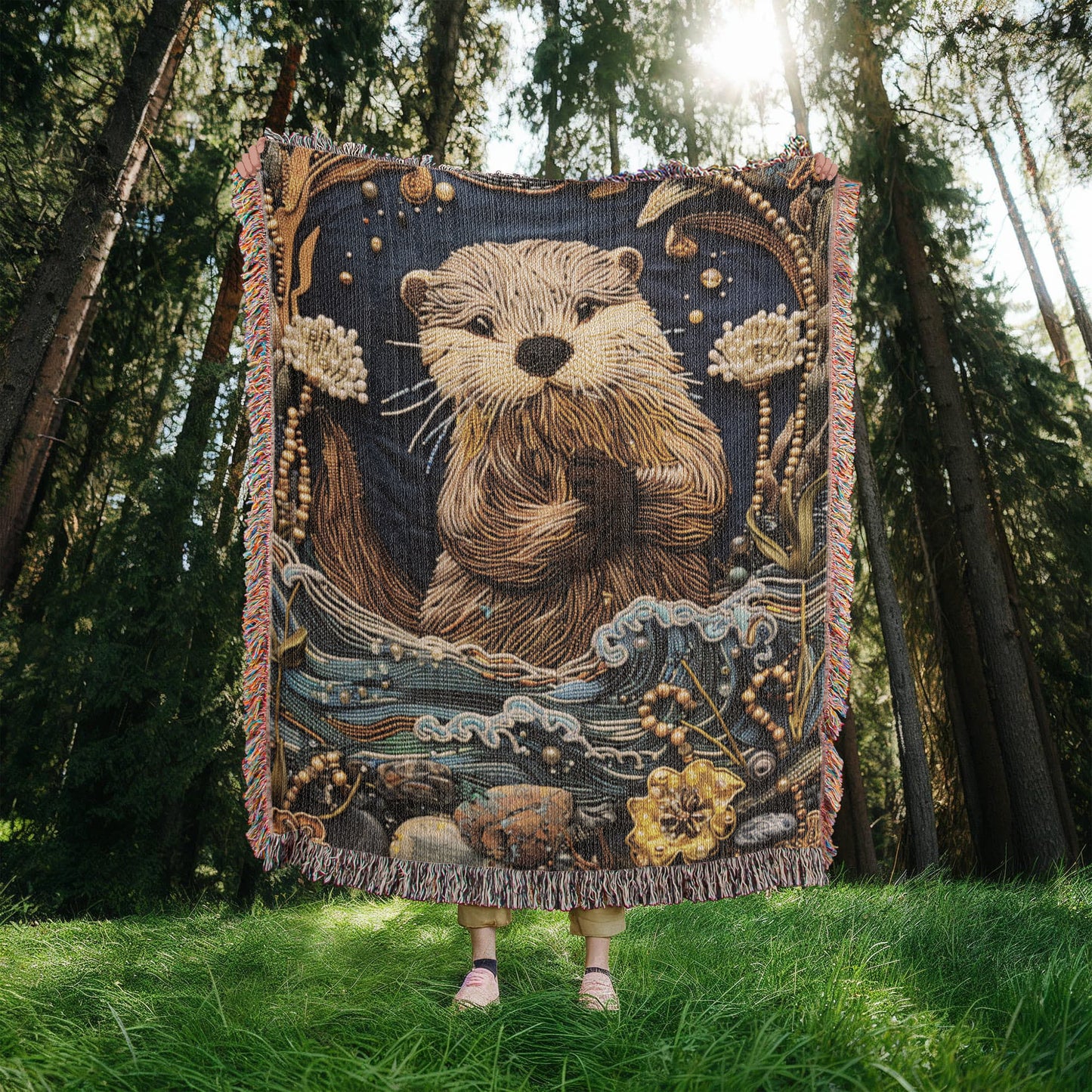 Beaded Look River Otter Blanket – Woven Nature-Inspired Throw | Cozy Animal Art by Lace & Grit