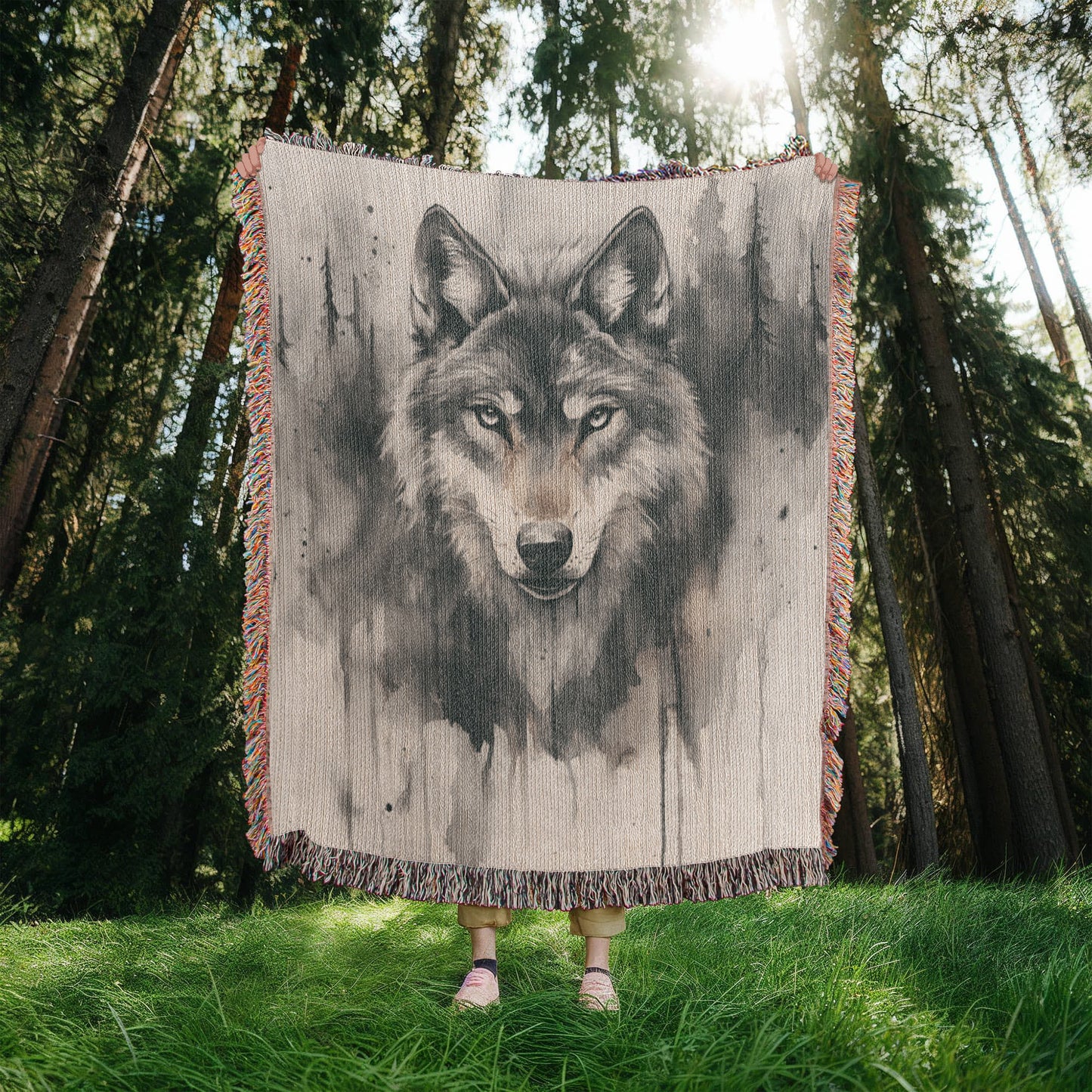 Lone Wolf Woven Blanket – Watercolor Wildlife Throw | Rustic Boho Cabin Decor