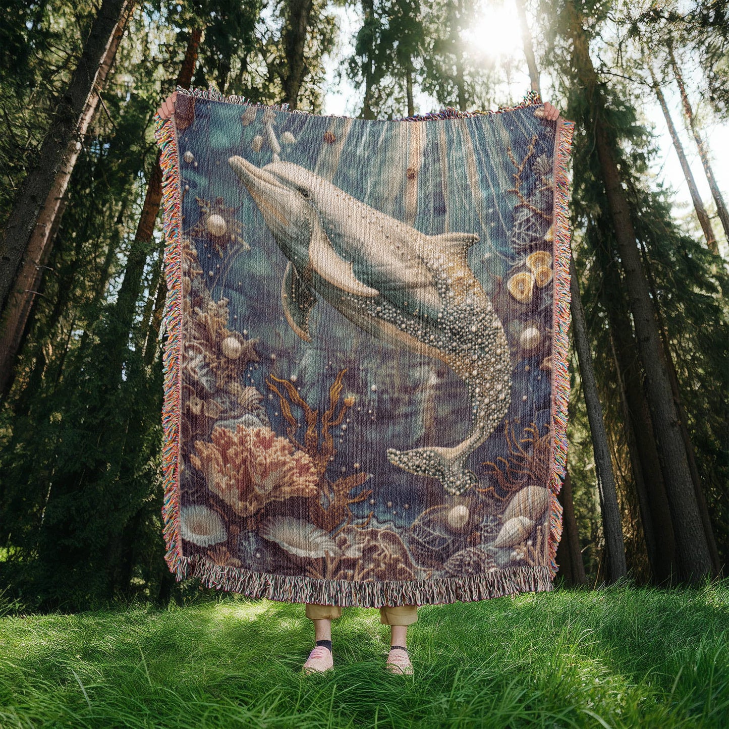 Beaded Look Dolphin Blanket – Ocean-Inspired Woven Throw | Underwater Boho Decor by Lace & Grit