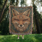 Boho Beaded Fox Blanket – Intricate Woven Art with Forest Green Background | Rustic Animal Decor Throw
