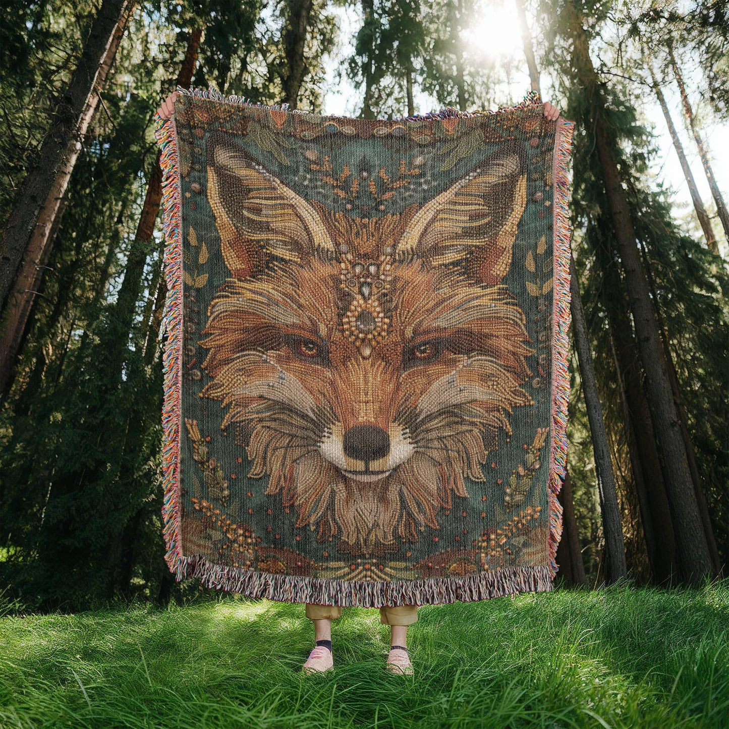 Boho Beaded Fox Blanket – Intricate Woven Art with Forest Green Background | Rustic Animal Decor Throw