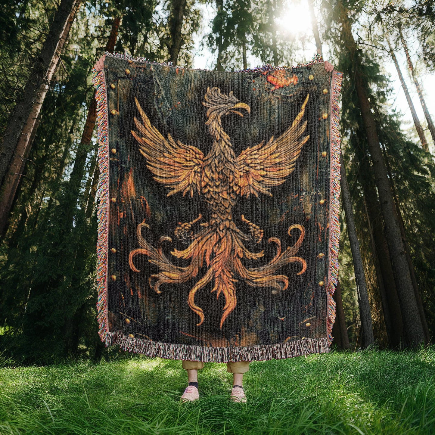 Emberborn Phoenix Blanket – Woven Mystical Firebird Emblem | Fantasy Artifact Decor by Lace & Grit