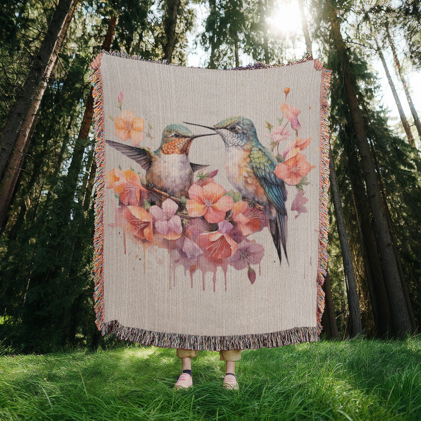 Skykiss Woven Blanket – Watercolor Hummingbirds in Bloom