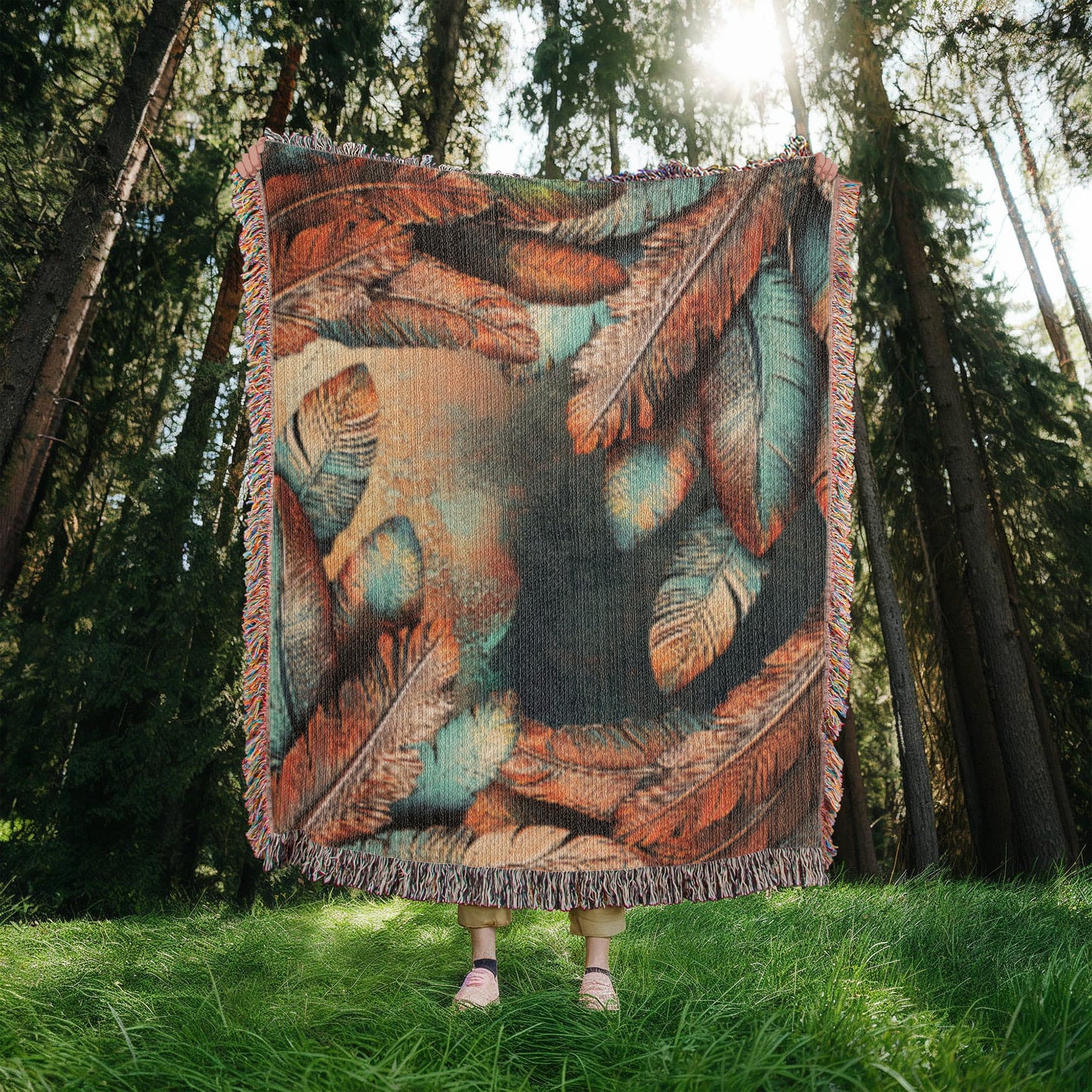 Embossed Feather Blanket – Boho-Inspired Woven Throw | Copper & Teal Artistic Decor by Lace & Grit