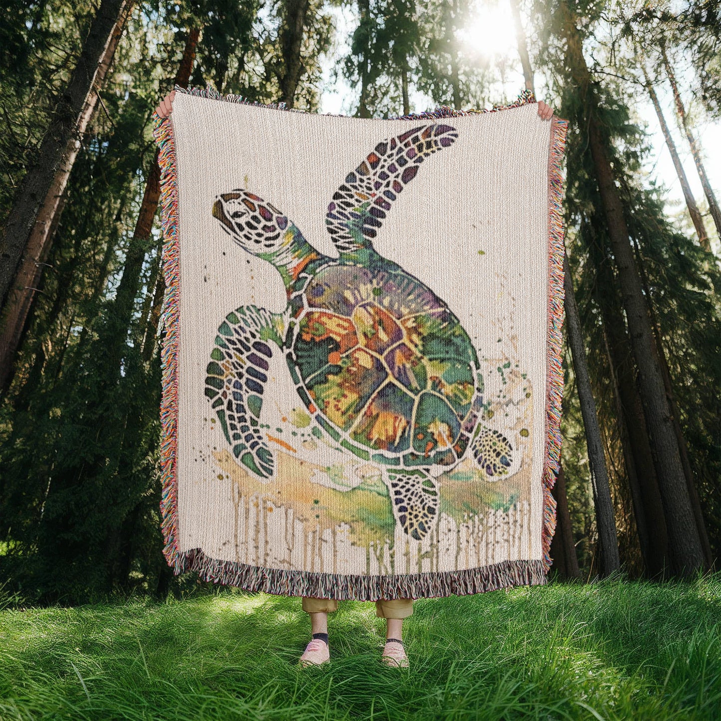 Coralwake Woven Blanket – Watercolor Sea Turtle in Motion