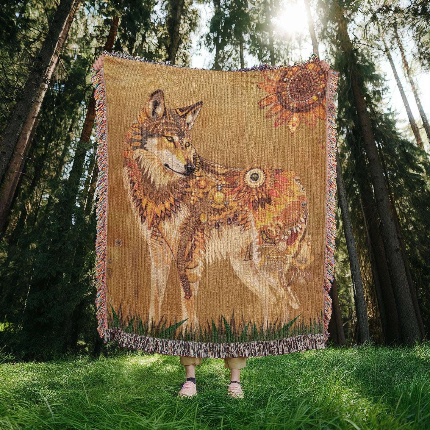 Beaded Look Spirit Wolf - Woven Throw Blanket
