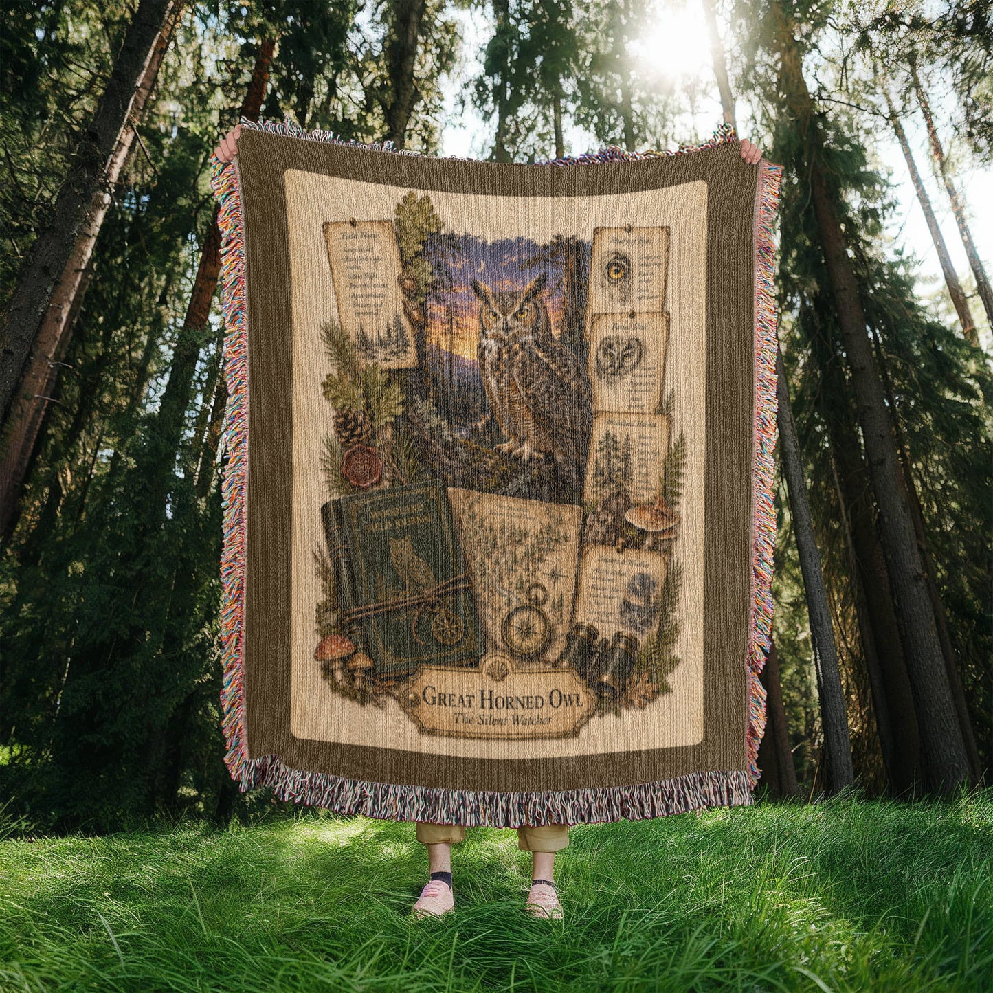 Great Horned Owl Woven Throw Blanket | Woodland Animal Decor | Cotton Tapestry Throw | Naturalist Journal Gift