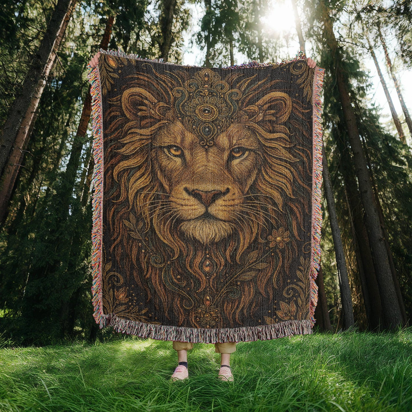 Beaded Lion Blanket – Spiritual Strength & Regal Bohemian Tapestry Throw