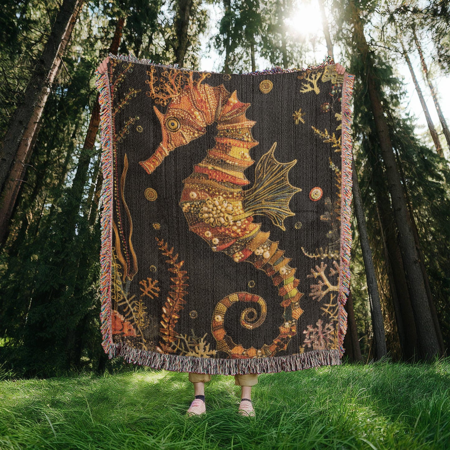 Beaded Look Seahorse Blanket – Woven Ocean-Inspired Throw | Golden Coral Art by Lace & Grit