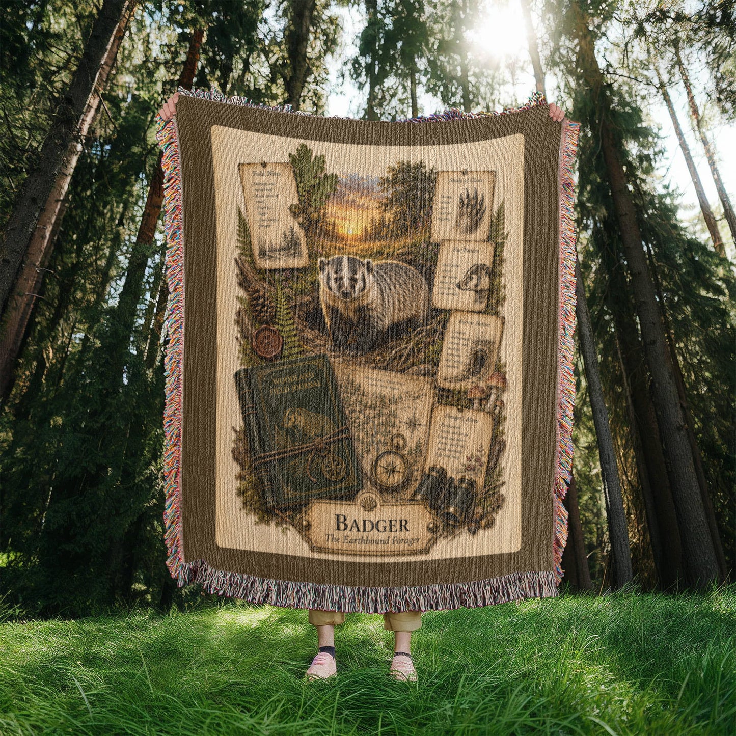Badger Woven Throw Blanket | Woodland Animal Decor | Cotton Tapestry Throw | Naturalist Journal Gift