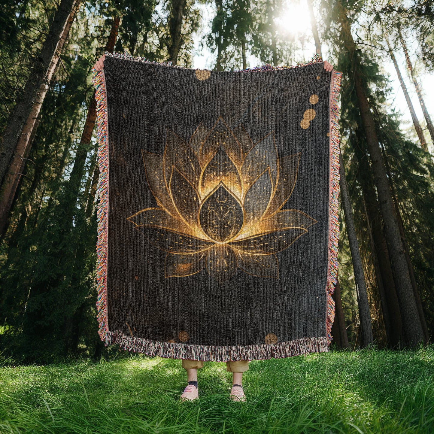 Embossed Lotus Blanket – Golden Woven Throw | Spiritual Boho Decor by Lace & Grit