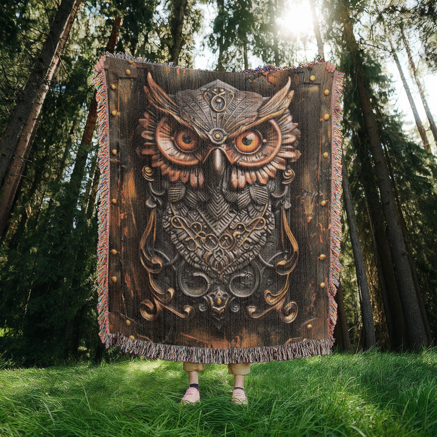 Emberwatch Owl Blanket – Woven Mystical Guardian Emblem | Fantasy Artifact Decor by Lace & Grit