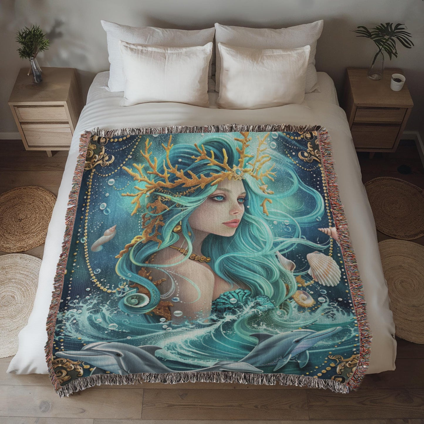 Beaded Look Amphitrite Blanket – Woven Sea Goddess Throw | Ocean Mythology Decor by Lace & Grit