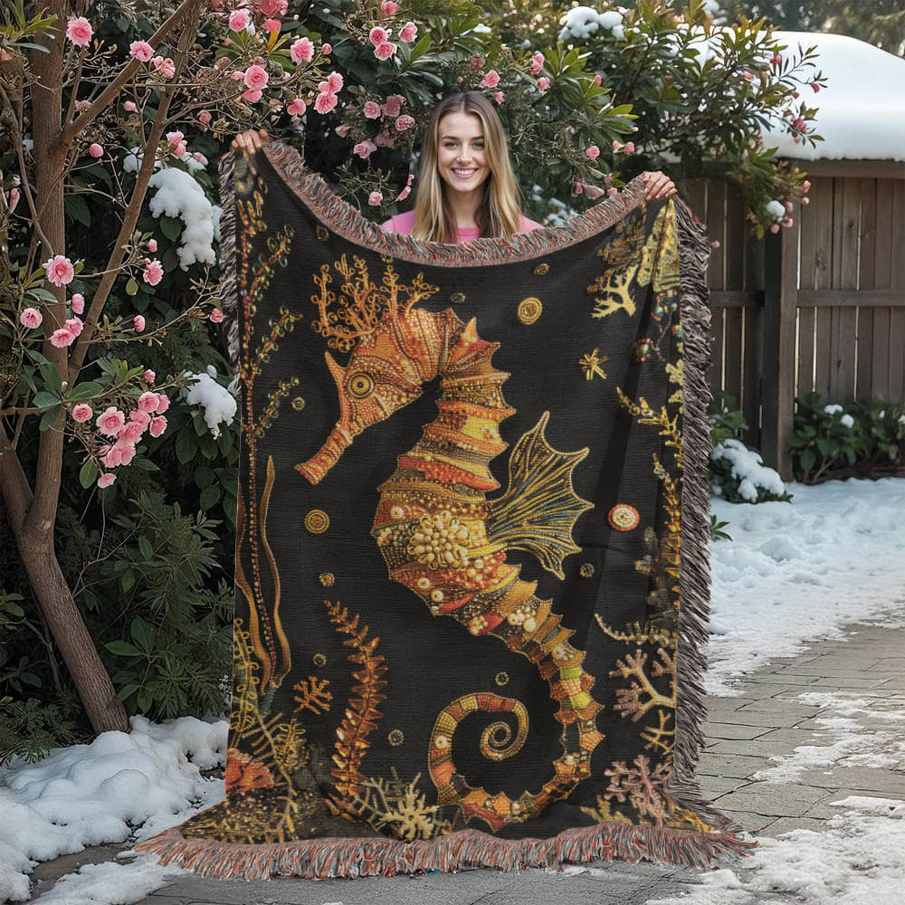 Beaded Look Seahorse Blanket – Woven Ocean-Inspired Throw | Golden Coral Art by Lace & Grit