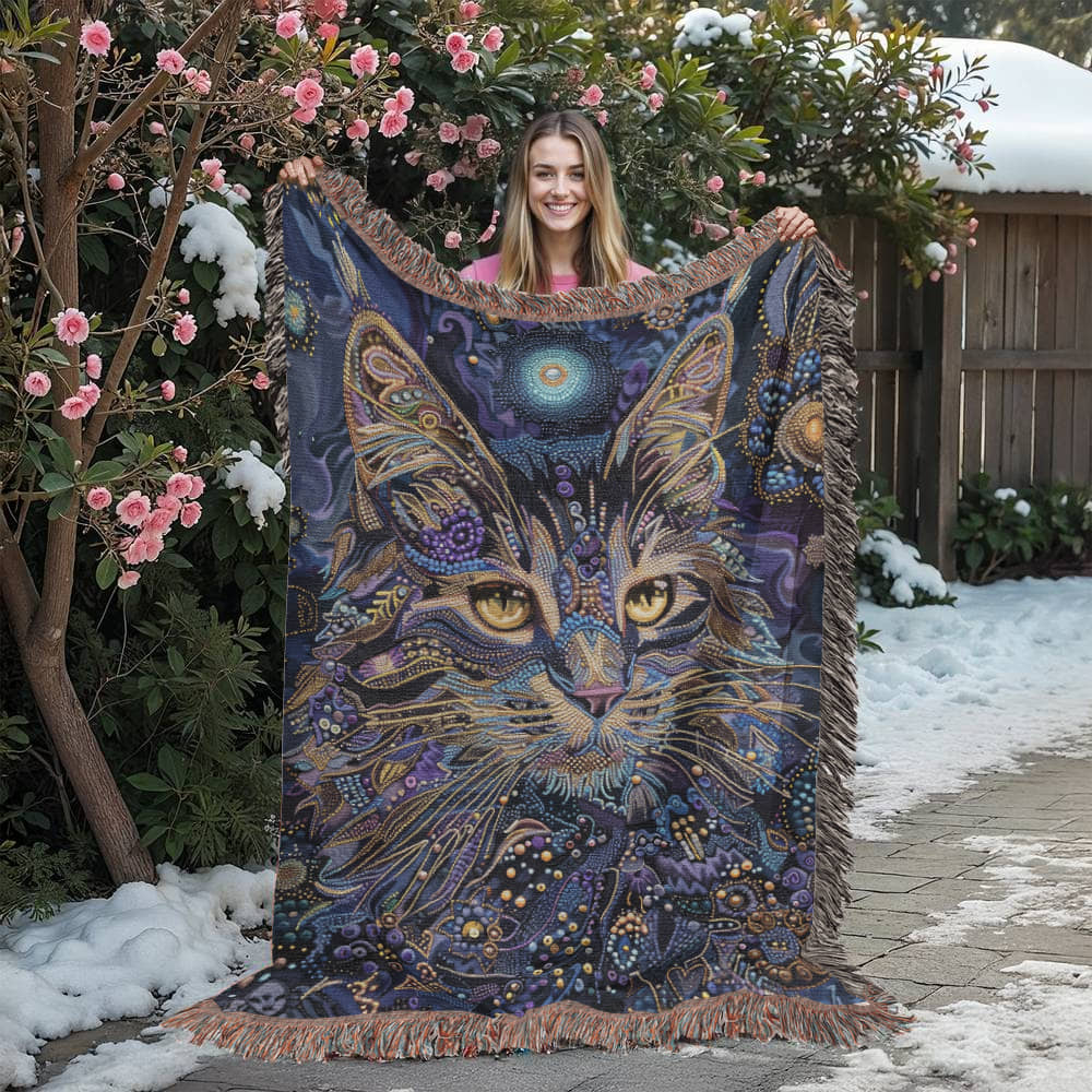 Celestial Cat Blanket – Mystical Beaded Design in Deep Indigo & Gold | Boho Spirit Animal Throw