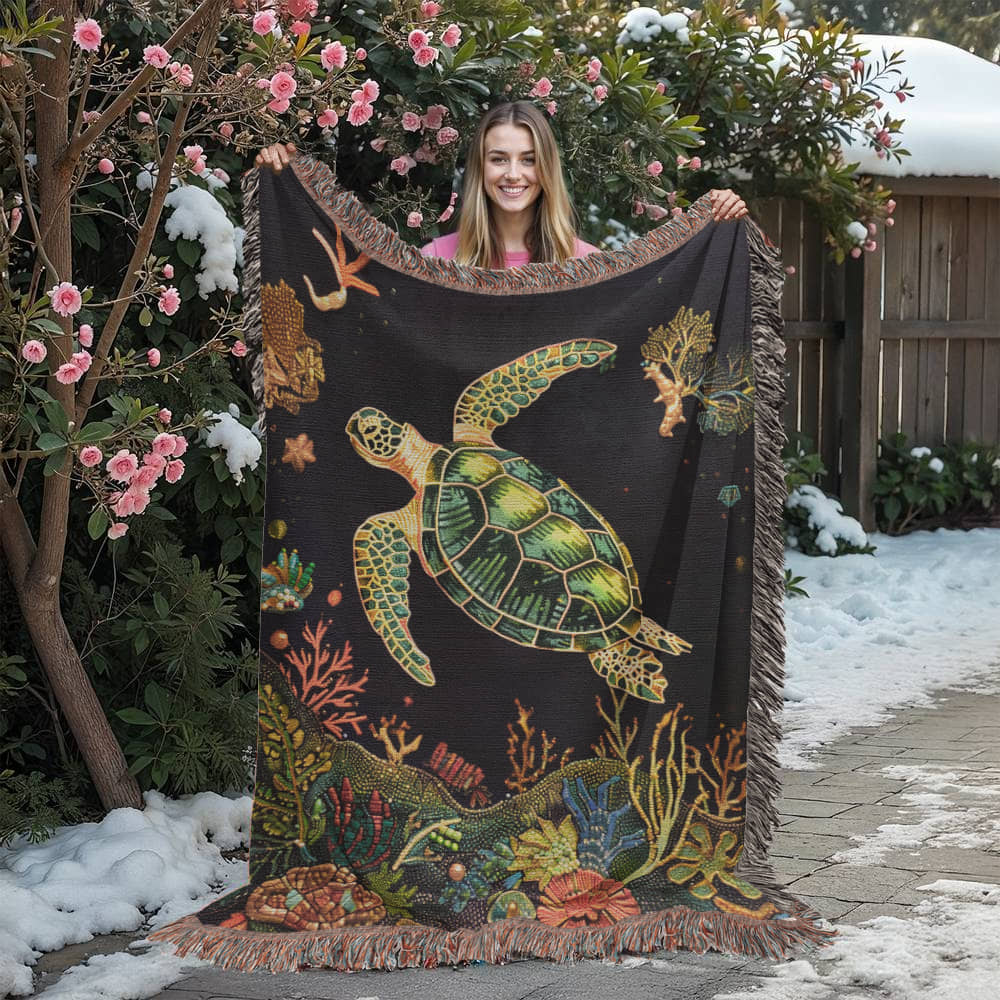 Beaded Look Sea Turtle Blanket – Ocean-Inspired Woven Throw | Coastal Boho Decor by Lace & Grit