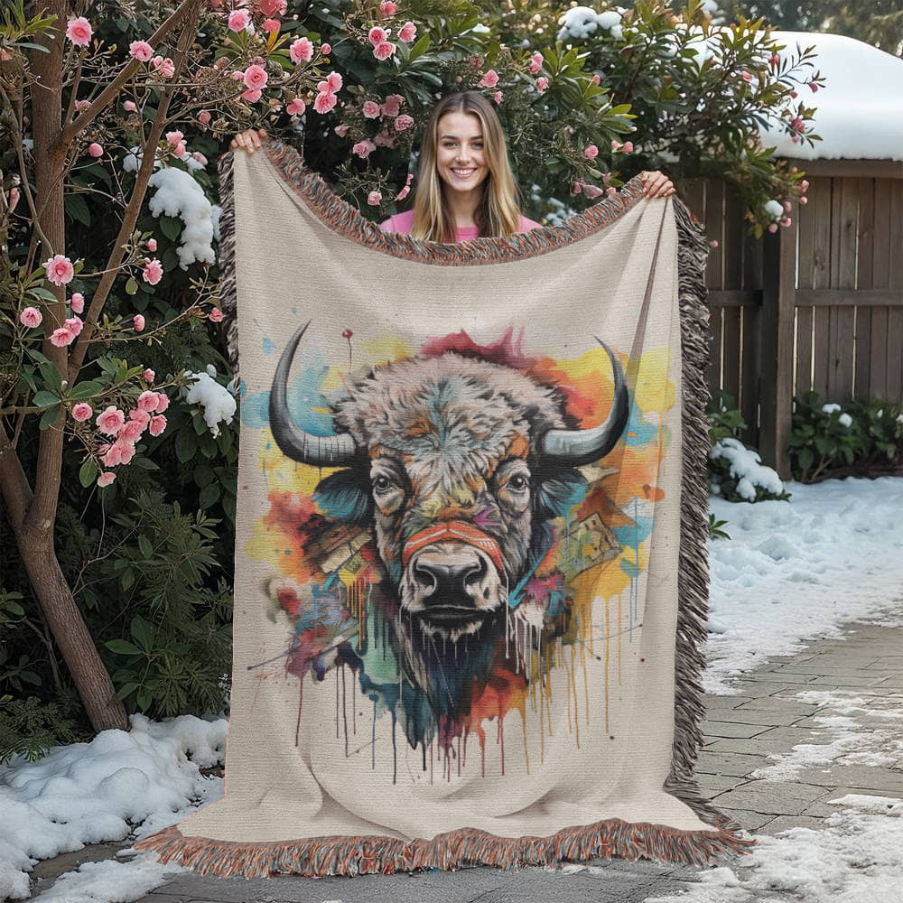 Headstrong Woven Blanket – Watercolor Bull Portrait