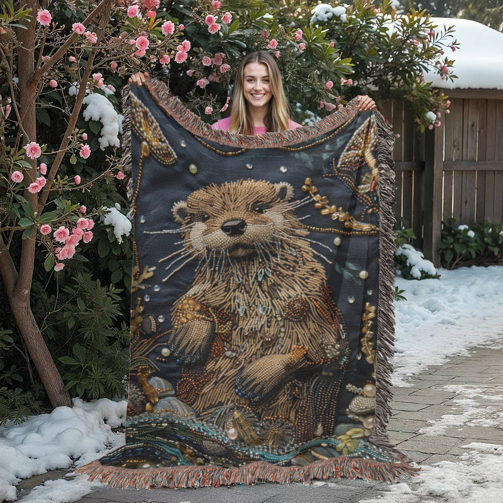 Boho River Otter Blanket – Beaded Look Textile Art in Deep Earth Tones | Boho Nature Lover Gift