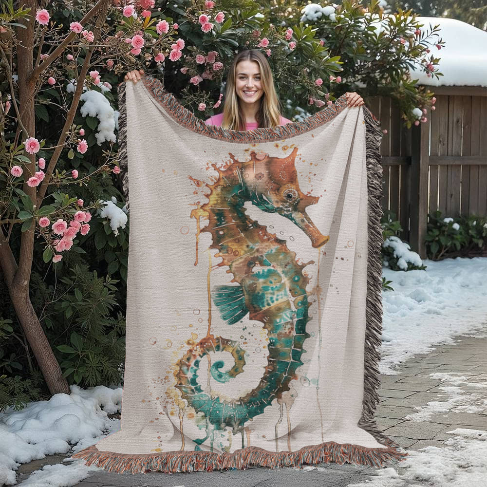 Cindertide Woven Blanket – Watercolor Seahorse with Drip Effect