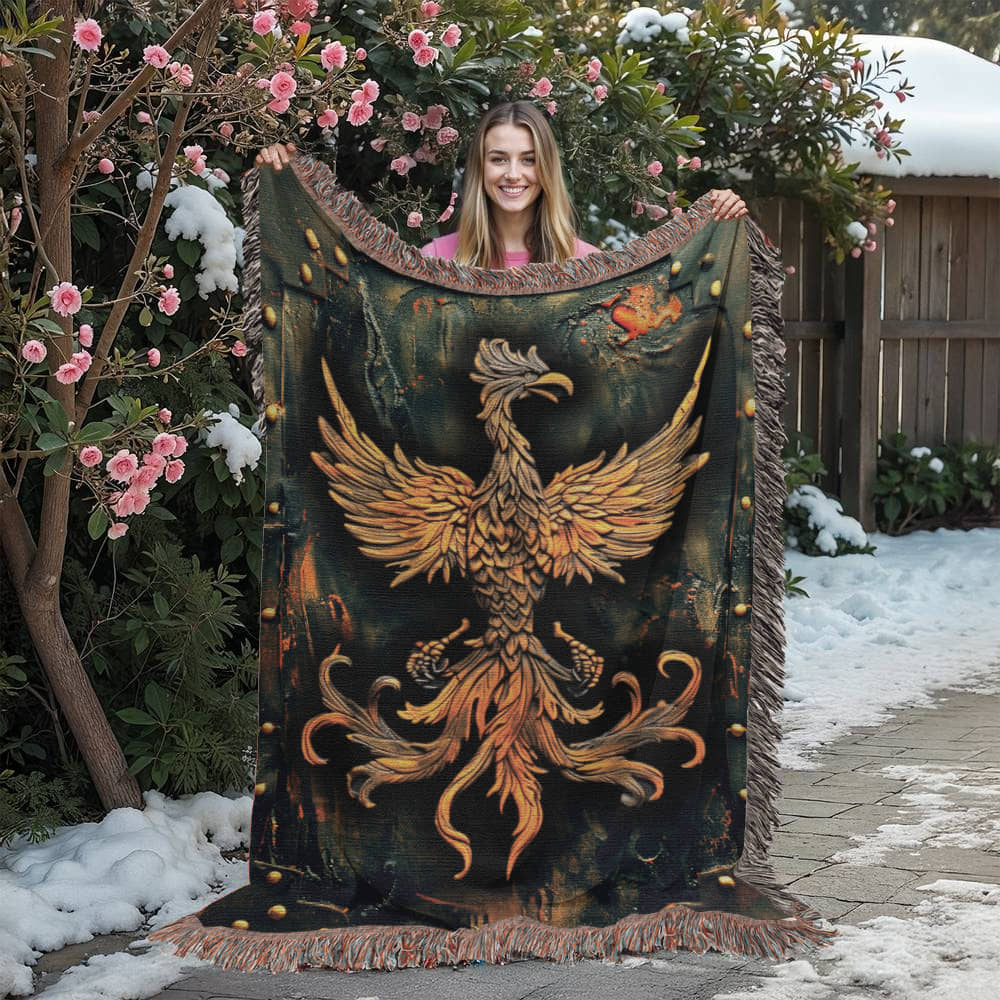 Emberborn Phoenix Blanket – Woven Mystical Firebird Emblem | Fantasy Artifact Decor by Lace & Grit