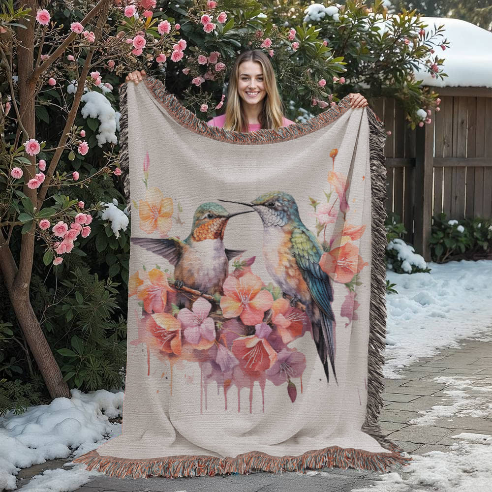 Skykiss Woven Blanket – Watercolor Hummingbirds in Bloom