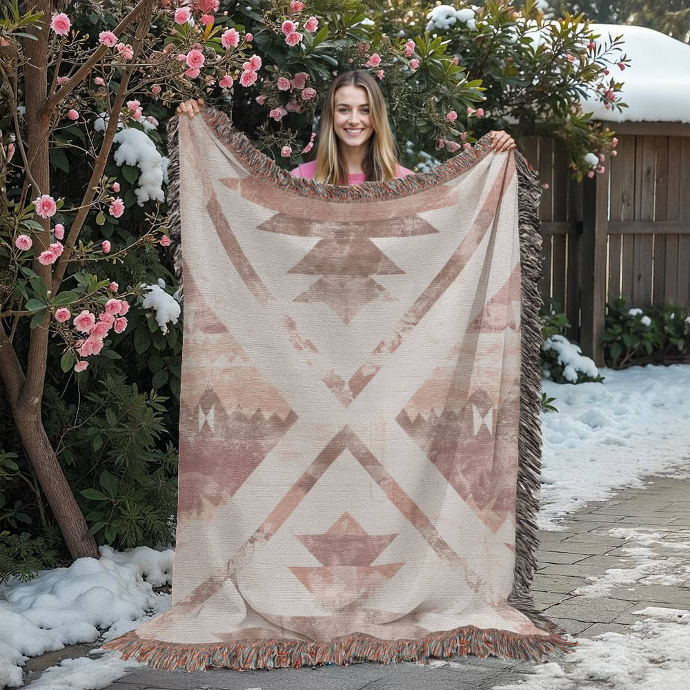 Desert Bloom Woven Blanket – Faded Blush Tribal Boho Throw