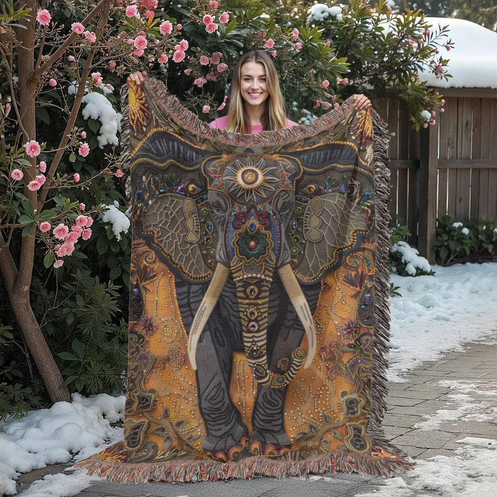 Boho Elephant Woven Blanket – Beaded-Inspired Tapestry with Tribal Floral Accents