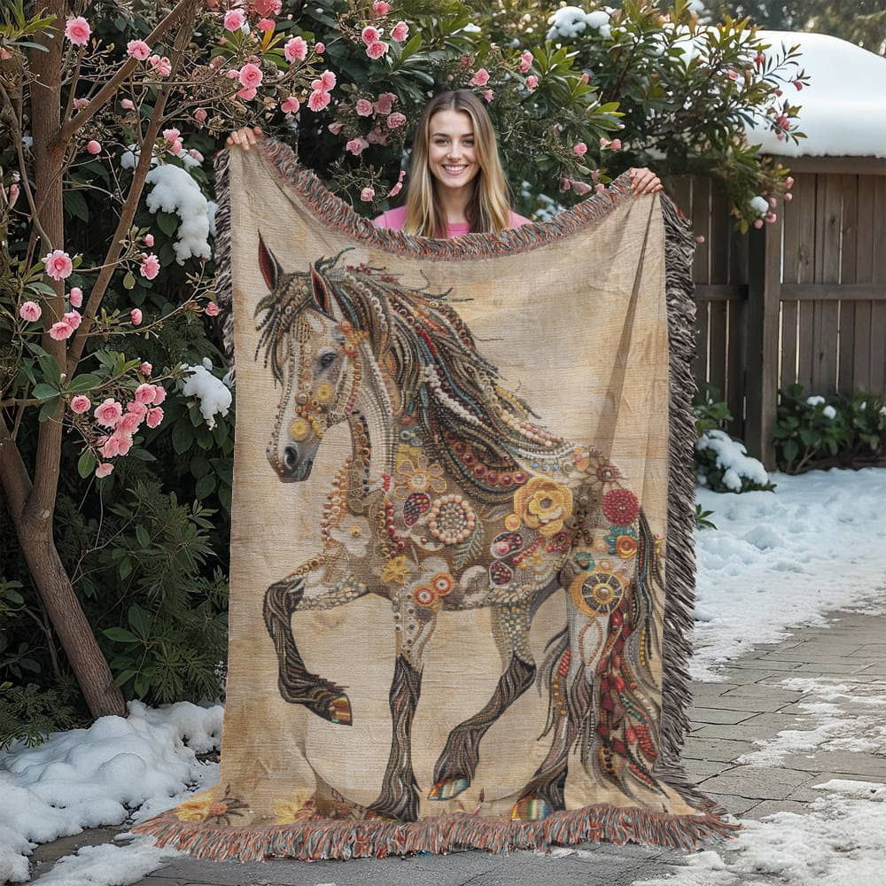 Beaded Spirit Horse Woven Blanket – Boho Western Home Decor