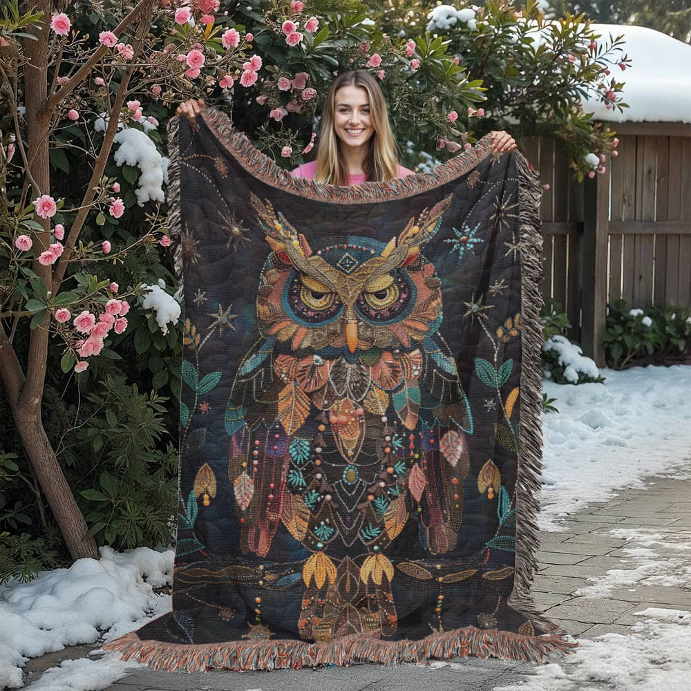 Boho Owl Woven Blanket – Beaded Look Design with Celestial Forest Accents