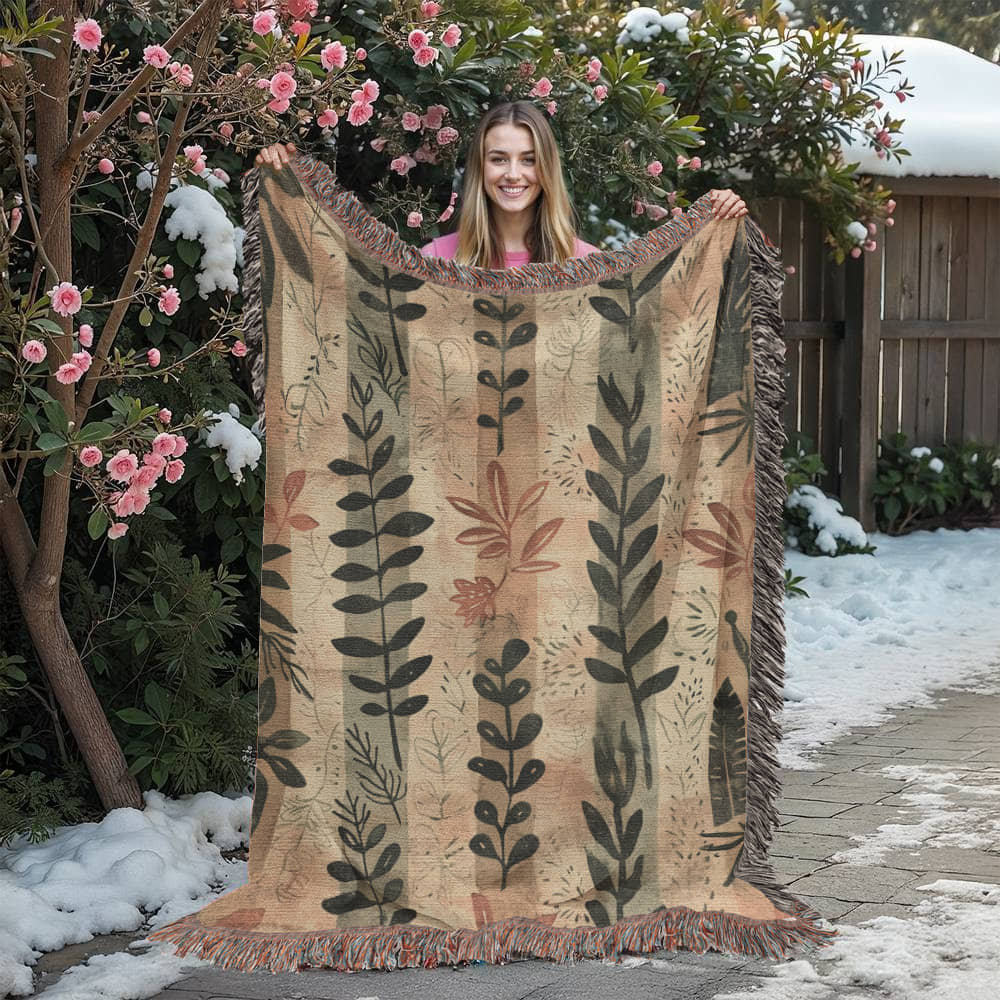 Whispering Leaves Woven Blanket – Boho Botanical Nature Throw