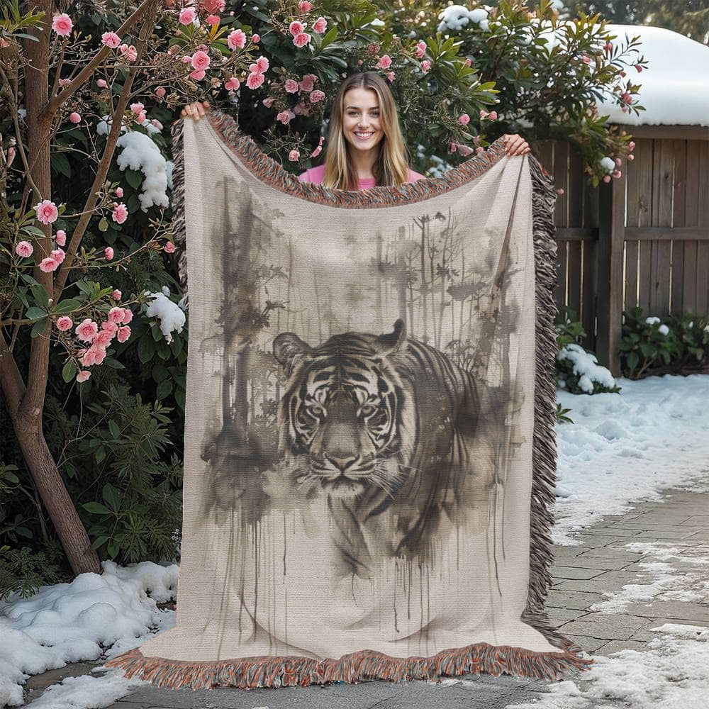 Silent Prowl Woven Blanket – Watercolor Tiger in Mist