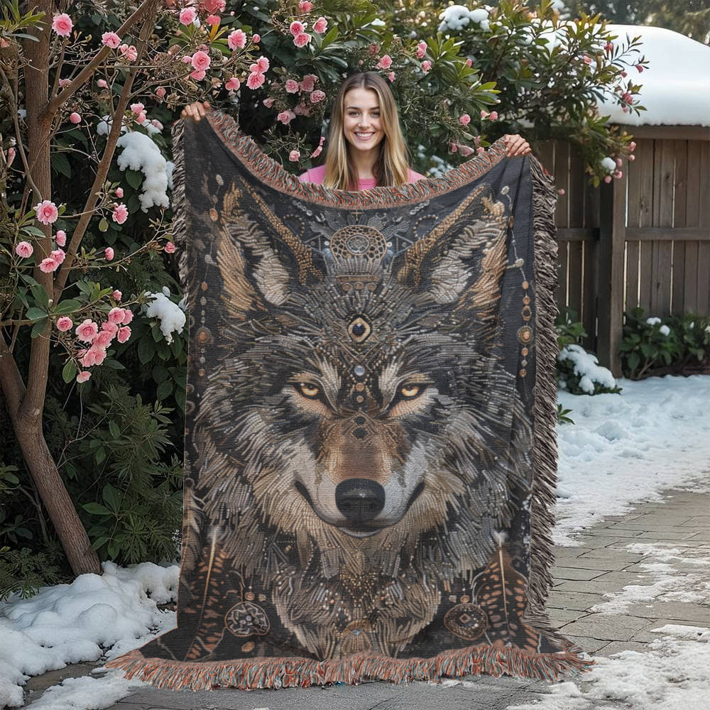 Boho Tribal Wolf Woven Blanket – Tribal Head Design in Earthy Tones | Mystical Boho Lodge Decor