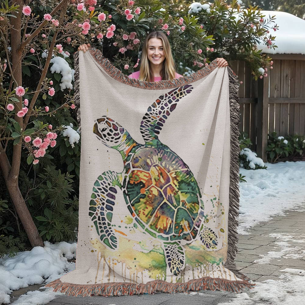 Coralwake Woven Blanket – Watercolor Sea Turtle in Motion